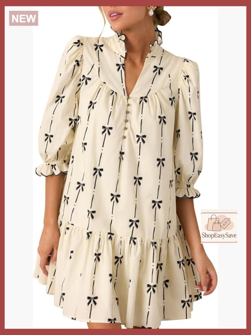 Puff Sleeve Babydoll Mini Dress Mock Neck Casual Cotton A-Line Party Wear
